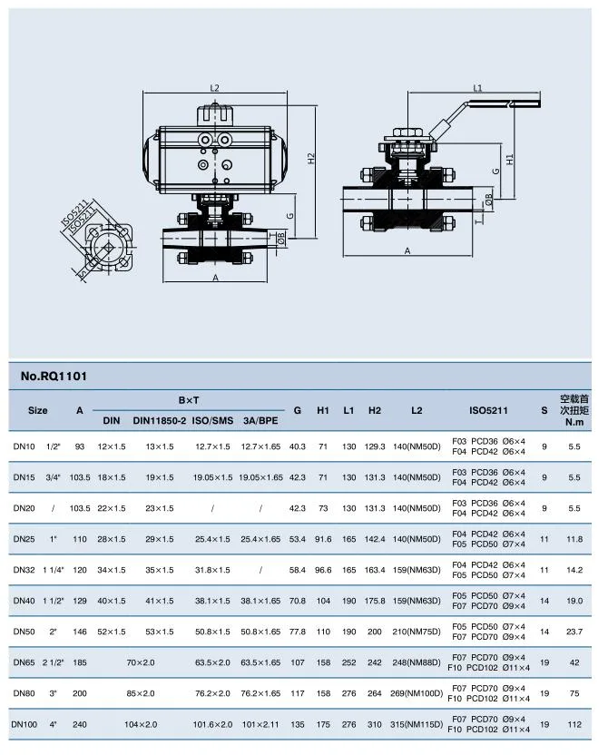 ISO Sanitary Stainless Steel SS304/SS316L Three-Piece Welded Ball Valve&Globe Valve Rq0103